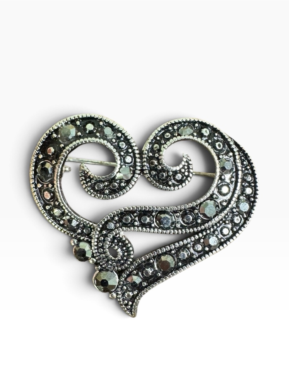 Vintage Black and Silver Heart Marcasite Brooch